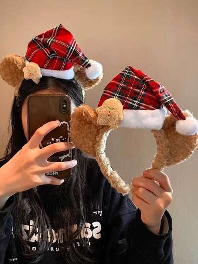 1 pieza Diadema de Navidad con diseño de sombrero de mujer a la moda y lindo, de peluche 3D, accesorio versátil para el hogar, lavarse la cara, uso diario, maquillaje, diadema, aro para el cabello