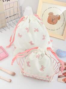 1Pc/Set Cute Pink Bow Pattern Makeup Bag Set With Zipper Portable Handheld Travel Toiletry Bag Soft Foam Quilted Handbag Floral Cosmetic Bag Portable Drawstring Bag Aesthetic Toiletry Travel Organizer Bag For Women And Girls Large Capacity Travel Vintage Makeup Bag Cute School Pencil Case Inner Bag Nail Polish Storage Bag - Multicolor - View 13