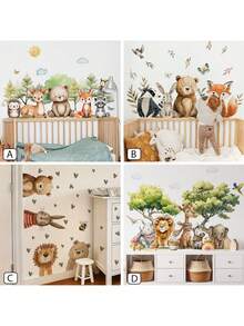 BRUP 1/2 Sheets Cute Animal Wall Stickers With Giraffe Badger Rabbit Bear Fox And Hedgehog, Removable Waterproof Nursery Decals For Kids Room Decor, Gentle Color Forest Friends Theme