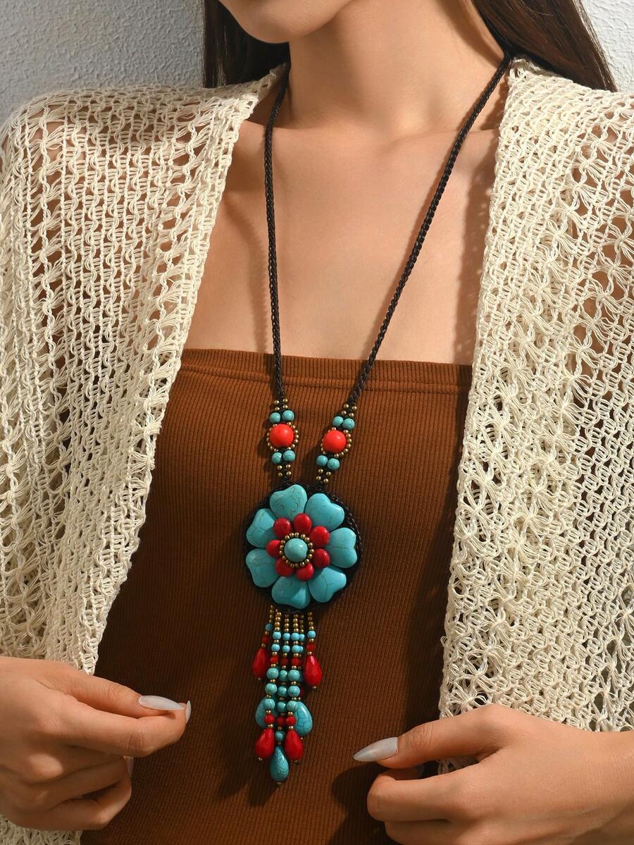 1件优雅性感波西米亚风铃铛吊坠，宝石水滴形珠子，仿绿松石珠子，金色米珠DIY手工花朵流苏吊坠，不对称几何波浪圆环吊坠配彩色亚克力板，金色链条流苏吊坠长项链，新款红宝石吊坠长项链，女士秋冬毛衣项链，适合日常、派对、度假佩戴 - 彩色 - 查看 1