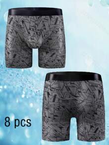 8-Piece Men's Boxing Shorts, Fun Pattern Printed Men's Four-Way Briefs, Fashionable Comfortable Quick-Drying Thin Men's Long-Way Briefs, Sports Men's Boxer Briefs, Suitable For Christmas, Halloween, All Seasons To Wear, Boyfriend Gift.