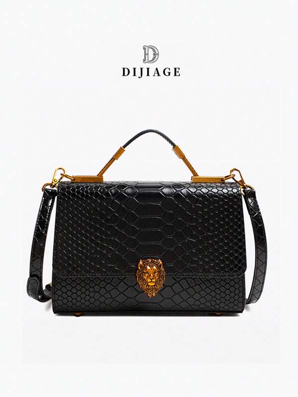 Damen Metall Ketten Schwarz Löwen Metall Schnalle Handtasche, geeignet für Reise/Party/Alltag