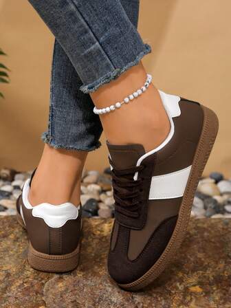 Contrast Color Solid Preppy Casual Gym Summer Casual Sports Shoes For Women, Lace-Up Brown Gray Patchwork Brown Khaki Flat Retro Fashion Outdoor Sports Running Shoes