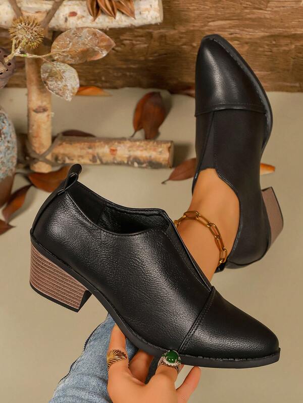 1 Paar schwarze, solide, im westlichen Stil, aus PU-Leder, mit spitzer Zehenpartie, elastischem Band, Slip-On High Heel, elegante Damenschuhe, Plateau-Absatz, bequem, geeignet für Herbst/Winter