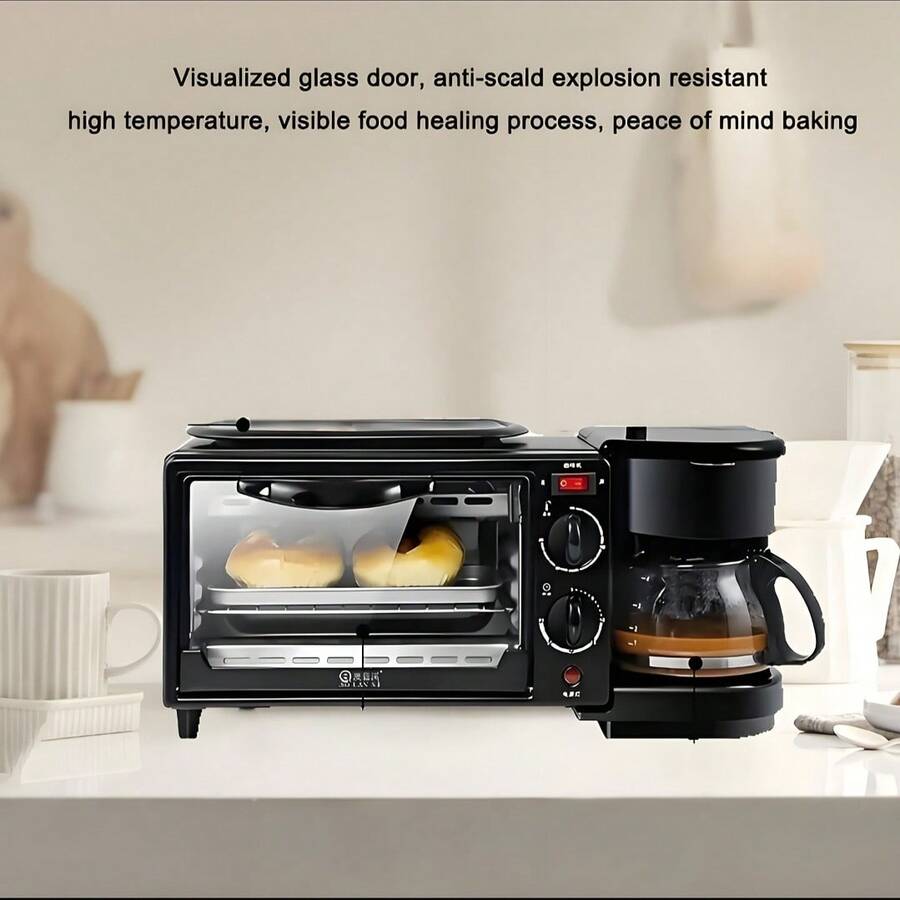 4-In-1 Portable Breakfast Station, Multifunctional Appliance For Baking, Toasting, Pan-Frying & Brewing Coffee Or Tea, 1050W Compact Indoor & Outdoor Kitchen Appliance With 212°F-446°F Temperature Control, 60-Min Timer, Easy-Clean Design, Durable Body & User-Friendly Knobs For Home Cooks - 黑色 - 查看 1