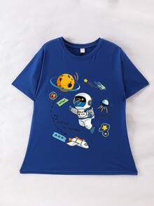 Young Boy Cartoon Astronaut Print Round Neck T-Shirt For Spring And Summer