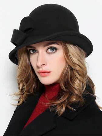 1pc Women's Solid Color Wool Felt Bowknot British Style Elegant Fashion Versatile Round Top Bucket Hat, Warm And Windproof, Suitable For Daily Outings, Shopping, Outdoor Leisure Thanksgiving Christmas Winter Holiday Outfit Women