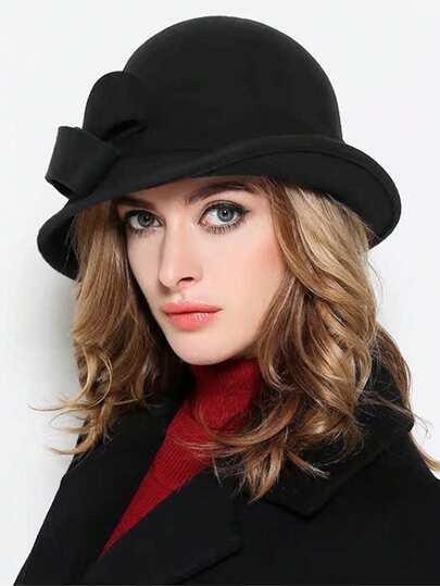 1顶女士纯色羊毛毡蝴蝶结英伦风优雅时尚百搭圆顶渔夫帽，保暖防风，适合日常出行、购物、户外休闲、感恩节、圣诞节、冬季假日等场合。