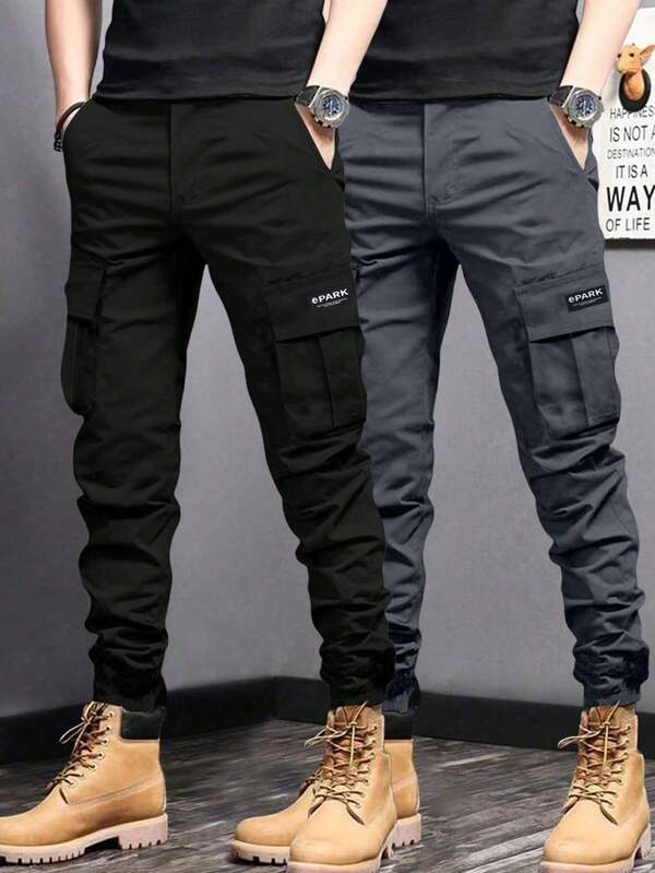 2pcs Boys & Teens Casual Sports Outdoor Pocket English Graphic Cargo Pants, Spring & Autumn