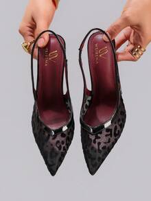 Leopard Print Lace Patchwork High Heel Shoes, Sexy Pointed Toe Backstrap Fashion Super High Heel Sandals For Party, Banquet, Event