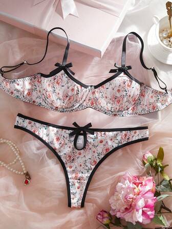 2pcs Women's Sexy Lingerie Set, Contrast Trim Ditsy Floral Panty With Front Keyhole Design, Intimate Apparel
