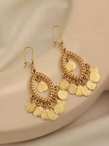 1 Pair Vintage Minimalist Copper Alloy Coin Tassel Earrings, Suitable For Women's Daily Wear, Holiday Gift (Gift Box Not Included)