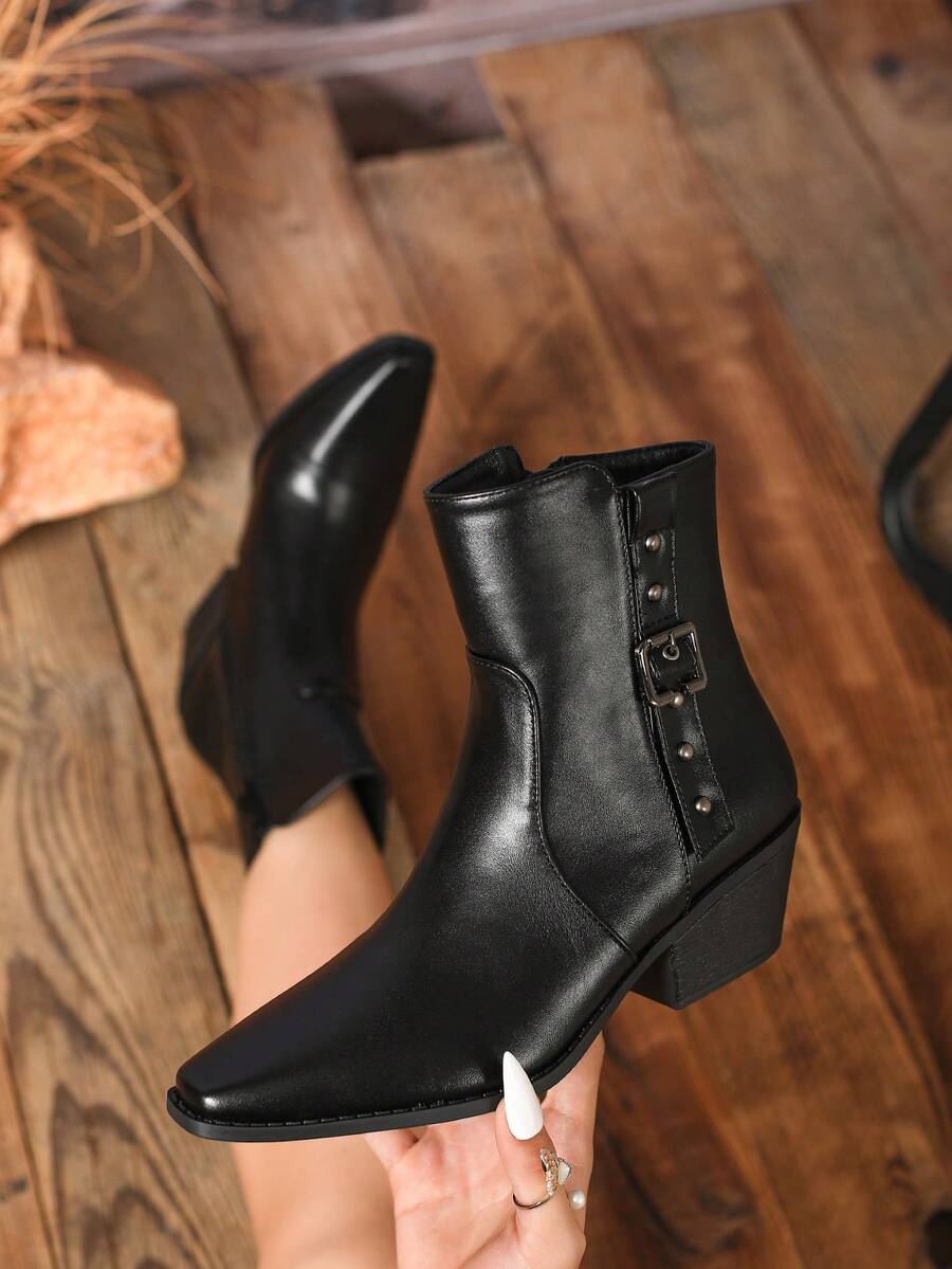 Women's Fashionable Black Mid-Calf Boots, Autumn/Winter Chunky Heel Ankle Boots, Casual/Office Metal Buckle Decor Side Zipper Square Toe Thick Heel Ankle Boots, Commuting Comfortable Ladies Ankle Boots, Western Style Buckle Side Zipper Holiday - Black - View 1