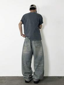 1 Stück Herren Jeans mit Justizia Bruder Stickerei, Loose Fit, gerade Beinform, Lässig (Gürtel und Zubehör nicht enthalten)