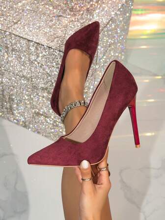 Zapatos de tacón alto estilo francés para mujer, tacones bajos de punta afilada en color burdeos, adecuados para discoteca, fiesta, boda, ocasiones formales, versátiles para todas las estaciones