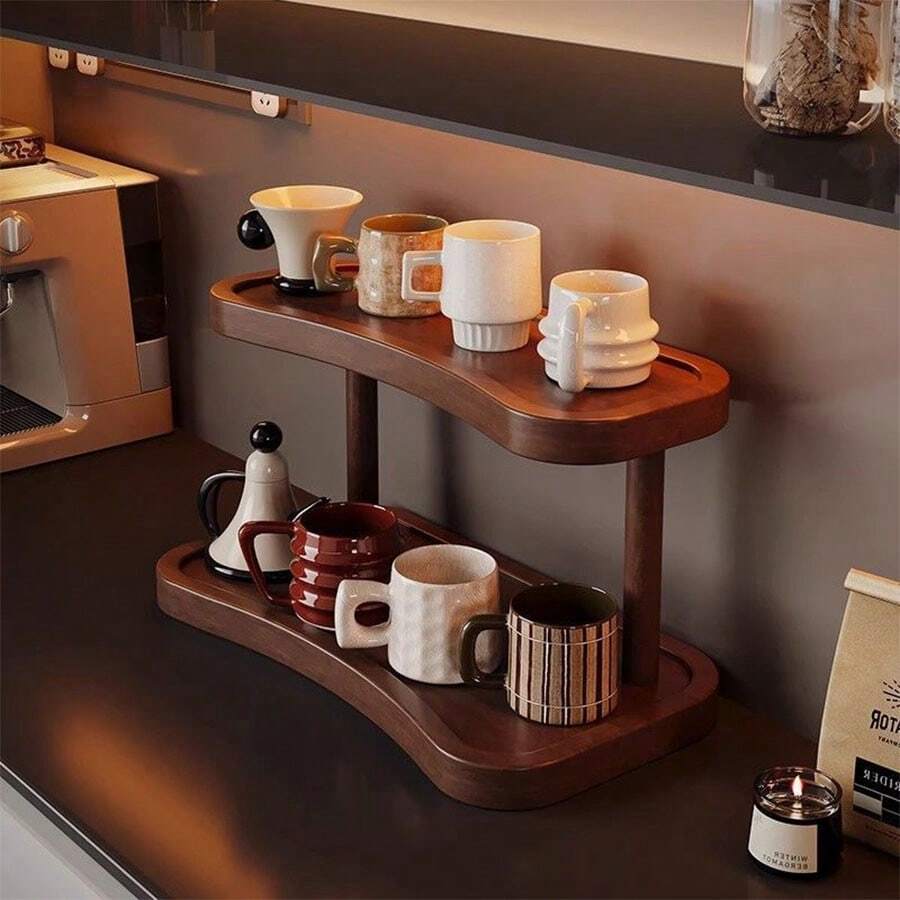 1pc Vintage Wooden Desktop Storage Rack, Dual-Layer Organizer, High-End Multi-Purpose Shelving Unit For Tea Cups, Coffee Mugs, Kitchen Spice Rack, Bathroom Cosmetic Organizer, Home Decor Display Shelf For Kitchen, Bathroom, Entryway, Vanity, Office, Living Room
