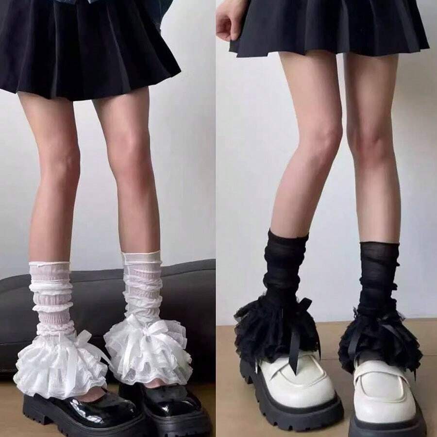 1 Pair Of Early Autumn Y2K Style Thin Ice Silk Sunscreen Socks Cover Super Fairy Girl Mesh Frilled Lace Decorative Leg Socks, Decorative/Protective Leg Cover, Harajuku Millennium Style Girl Leg Cover, Lolita Cosplay Leg Decoration, Suitable For Party/Date/Vacation Photography.
