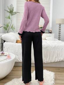 Women's Bow Contrast Color Long Sleeve Top & Pants Pajama Set, Fall & Winter Clothes