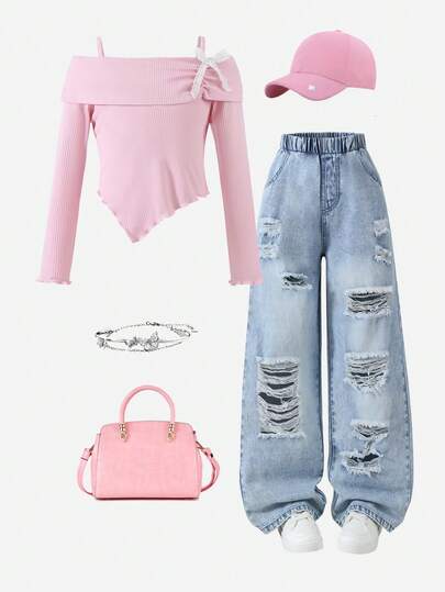 2 件套女孩休闲甜美风格服装，简单舒适的粉色吊带背心和百搭破洞牛仔裤套装，秋冬新品