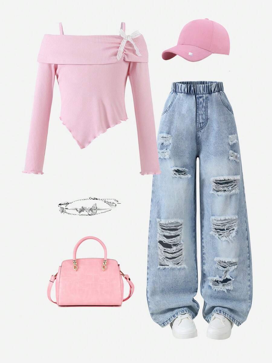 2 件套女孩休闲甜美风格服装，简单舒适的粉色吊带背心和百搭破洞牛仔裤套装，秋冬新品