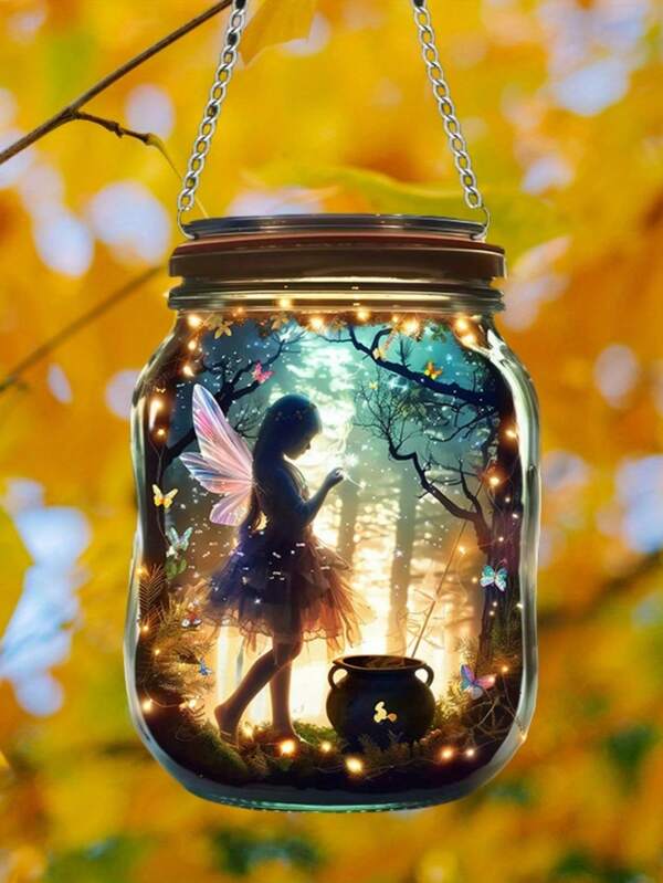 Enchanted Forest Acrylic Hanging Lantern, Fairy Garden Decor, 7.9x5.3 Inch, Featherless, With Easy-To-Install Chain, For No Electricity Needed