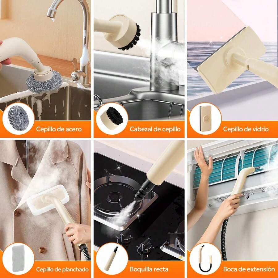 Limpiador a Vapor Portátil de 1200W, Tanque de Agua de 300ml, con 5 Cabezas de Cepillo, Máquina de Vapor de Alta Temperatura y Alta Presión para Eliminar Suciedad y Grasa en Cocina, Baño, Coche y Otros Lugares - 1 - Ver 1