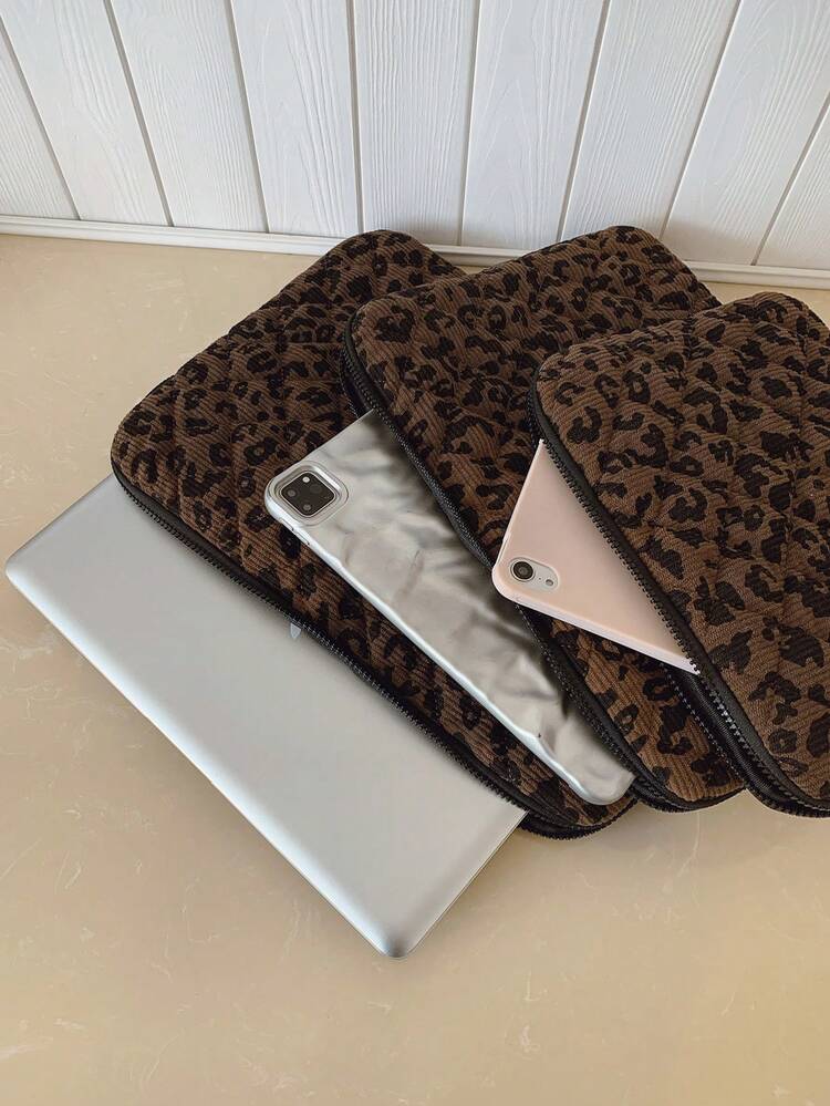 Nueva bolsa organizadora acolchada de pana con estampado de leopardo, ligera y relajante, se adapta a portátiles de 10" a 12.9", perfecta para viajes, escuela y trabajo - Café - Añade 1