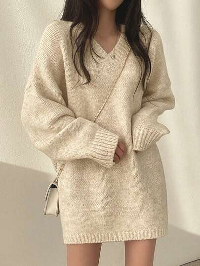 韩版时尚休闲V领中长款套头针织毛衣女上衣