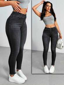 Pantalones vaqueros ajustados de tiro alto color negro, tejido suave y elástico, estilo casual y versátil - Negro - Ver 1
