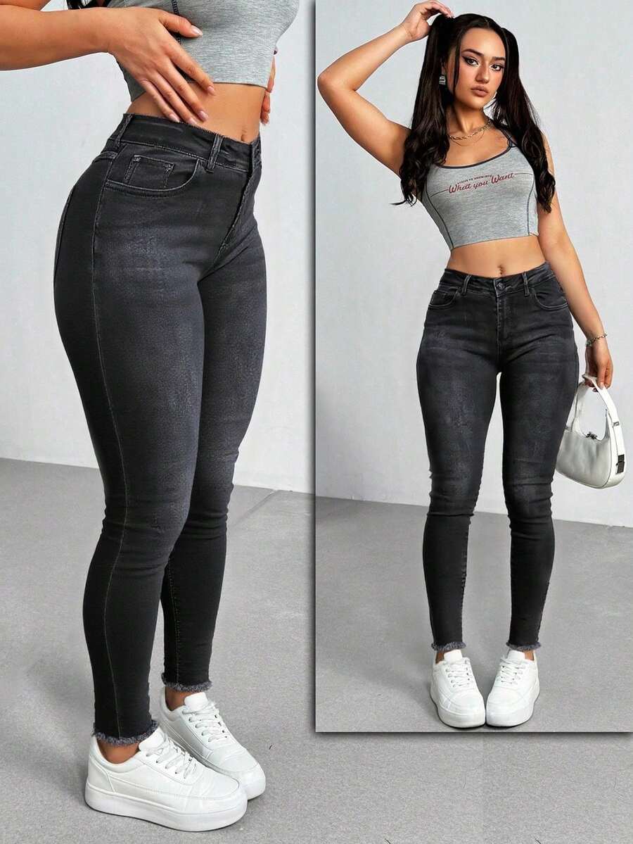 Pantalones vaqueros ajustados de tiro alto color negro, tejido suave y elástico, estilo casual y versátil - Negro - Ver 1