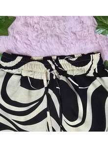 DUNA Fabric Pants With Lining, Pocket And Elastic Waist - gelombang hitam/krem muda - View 3