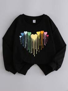 2 PIEZAS Conjunto de chándal informal con estampado de corazones de dibujos animados para niña preadolescente, sudadera oversize y pantalón de chándal holgado con bolsillos, moda de otoño - Negro - Ver 2