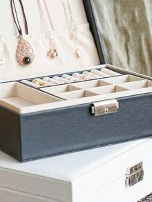 1pc Black Double Layer PU Leather Jewelry Storage Box Large Capacity Earrings, Necklaces, Bracelets Storage Box - Multicolor - View 6