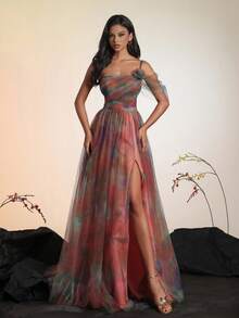 VIPGIRL Elegant Waist-Cinching Mesh Women's Evening Gown - Orange - View 5