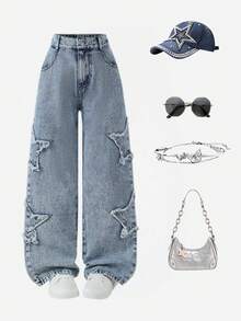 1pc Tween Girl Casual Star Print Denim Jeans, Comfortable Daily Wear, Style, Autumn/Winter New Arrival