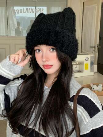 1pc Women's Autumn/Winter Soft Fleece Cute Cartoon Cat Ear Knitted Hat, New Stylish Solid Color Thick Warm Beanie Cap, Suitable For Outdoor, Walking, Shopping, Daily Wear