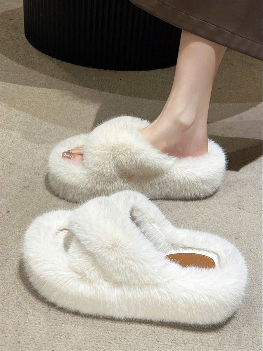 新款女款冬季厚底高跟毛毛拖鞋,戶外穿著,秋季新款仙女風小巧慵懶增高厚底拖鞋,居家辦公拖鞋,大尺碼 34-42 - 白色 - 查看 1