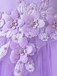 Vestido de anfitriona sin mangas con bordado de malla para niñas preadolescentes, adecuado para asistir a fiestas, diadema no incluida - Morado - Ver 8
