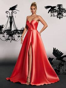 High-End Banquet Evening Gown, Hostess Elegant Long Satin Strapless Dress - Orange - View 6