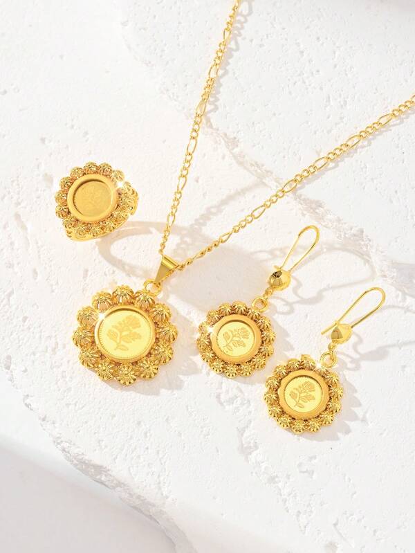 Minimalist & Fashionable Luxury Gold Jewelry Set For Women, Pendant Necklace Earrings Ring, Suitable For Women's Daily Matching, Wedding Party, Couple Gift, Mother's Gift