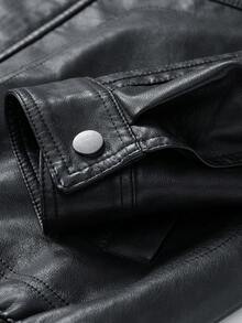 男士复古美式PU皮夹克，经典双条纹 - 黑色 - 查看 3