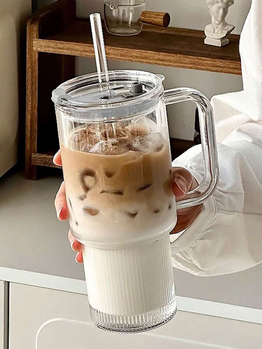 2PCS 720ml (24.35oz) Large Capacity Straw Cup With Handle, Large Capacity Office Water Bottle, Iced American Latte Cup, Juice Cold Drink Cup - Clear - View 1