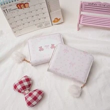 Ví gấp đôi ngắn thiết kế hình thỏ dễ thương mới dành cho nữ có ngăn đựng tiền xu và khe cắm thẻ có khóa kéo dành cho nữ Ví mini Ví nhỏ Ví dễ thương Ví đựng thẻ Ví đựng tiền xu Túi đựng chìa khóa Dây đeo chìa khóa - Màu Hồng baby - Xem 2
