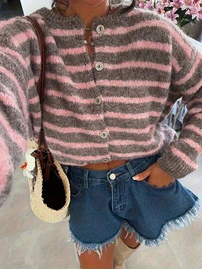 Cárdigan de punto acanalado a rayas de talla grande, de manga larga, cuello redondo de hombros caídos, longitud regular, tela ligeramente elástica, jersey informal para otoño/invierno