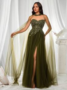 VIPGIRL Luxury Nude Two Pieces A-Line Layered Sheer Dress With Pearl Embellished Shawl And High Slit, Elegant Party Dress - Green - View 3