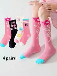 4 Pairs Girls' Knee High Socks, Children's Casual Sports Socks For Spring, Autumn & Winter, Pink Color, Korean Style Striped Socks, Comfortable Soft Breathable, Suitable For Daily Casual, Sports, Back To School - Multicolor - View 2