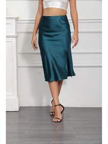 Womens Silky Satin Midi Skirt High Waist Elastic Waist A Line Skirt With Slit - Màu xanh lá cây đậm - Xem 4
