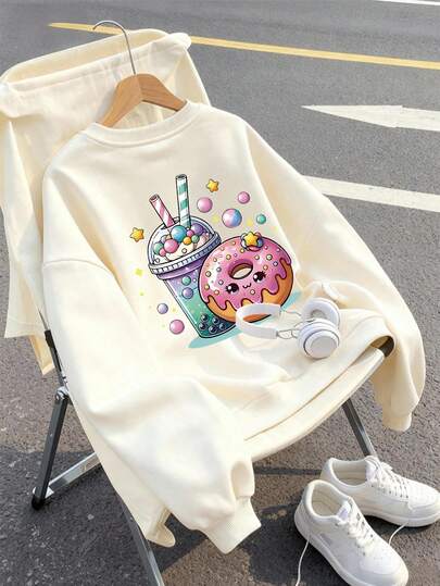 Tween Girl Long Sleeved Round Neck Pullover With "Donut/Milk Tea" Print Pattern, Casual Autumn And Winter