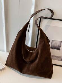 New Versatile Retro Bag For Women, Suede Miramar Style Simple Hobo Bag, Large Capacity Commuter Casual Shoulder Bag - Coffee Brown - View 4