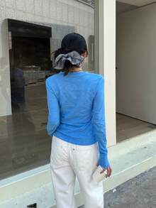 Women's Casual Letter Printed Long Sleeve Slim Fitted Round Neck T-Shirt, Autumn/Winter - Blue - View 9